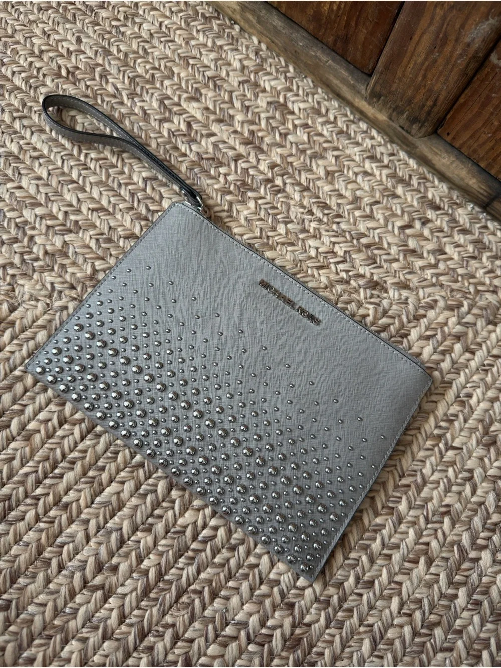 Michael Kors Silver Studded Saffiano Leather Wristlet Clutch